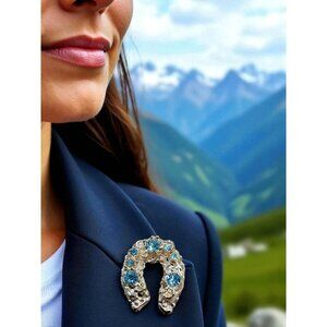 Horseshoe Shaped Brooch or Pin Adorned with blue Gemstones
